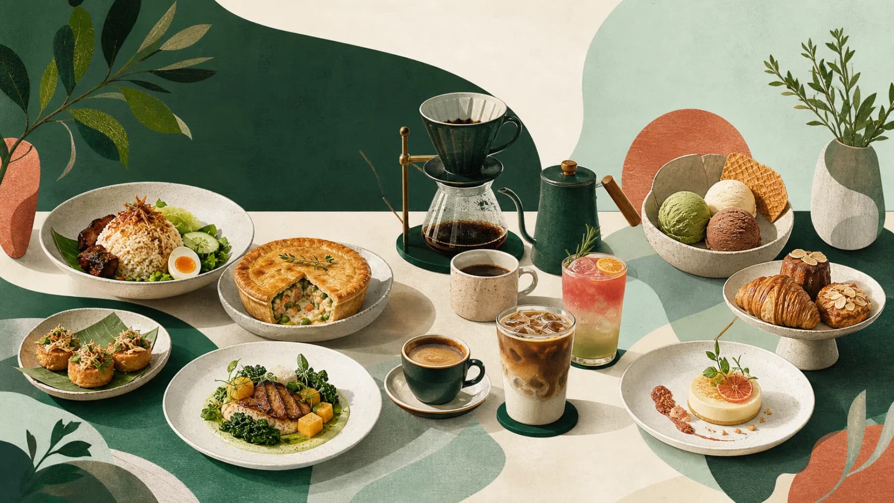 A curated Juang Cafe table spread featuring signature food, coffee and beverages, pastries, desserts, and artisanal ice cream