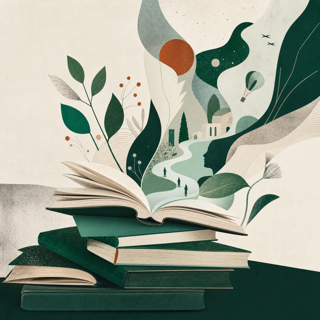 Editorial illustration of open books unfolding into paths, leaves, and ideas