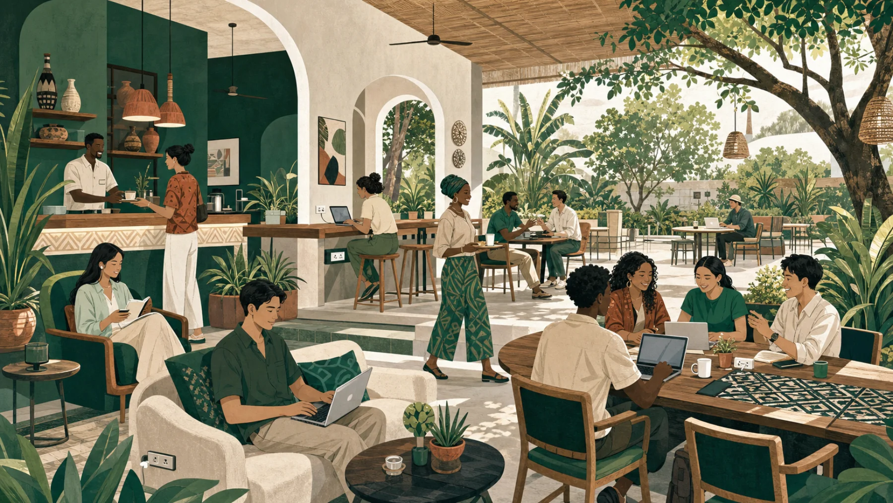 Panoramic illustration of Yeshua Cafe with spaces to relax, study, work, and connect in a leafy semi-outdoor setting