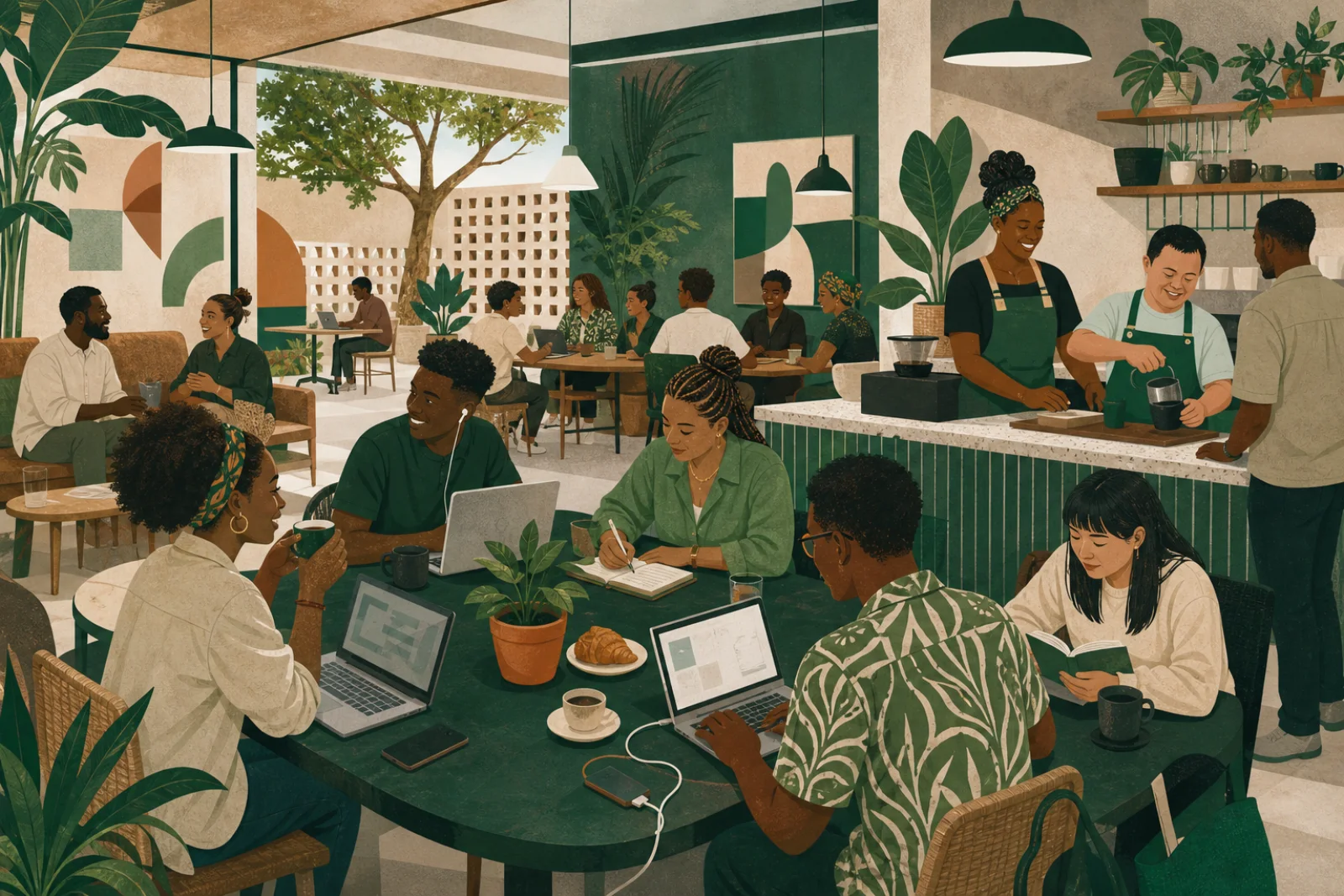 Editorial illustration of Yeshua Cafe as an open, welcoming and inclusive community space