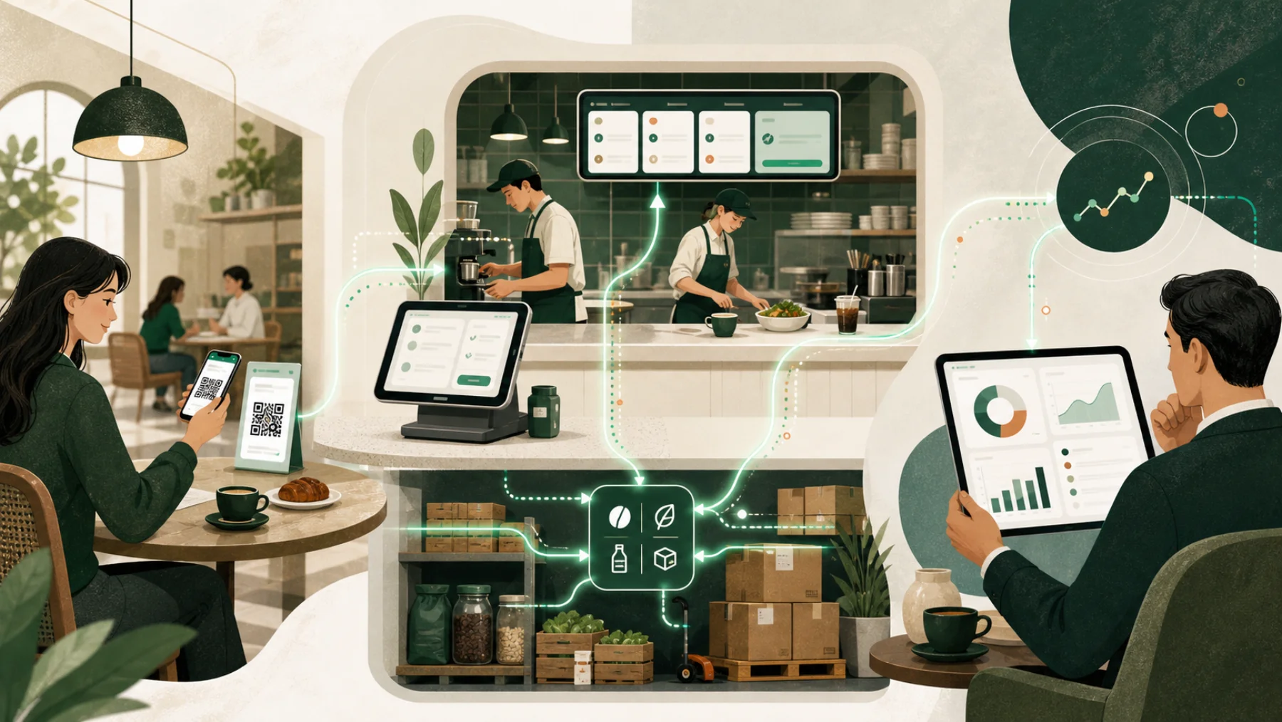 Integrated Yeshua Cafe technology connecting QR table ordering, cashier, kitchen, inventory, and an investor dashboard