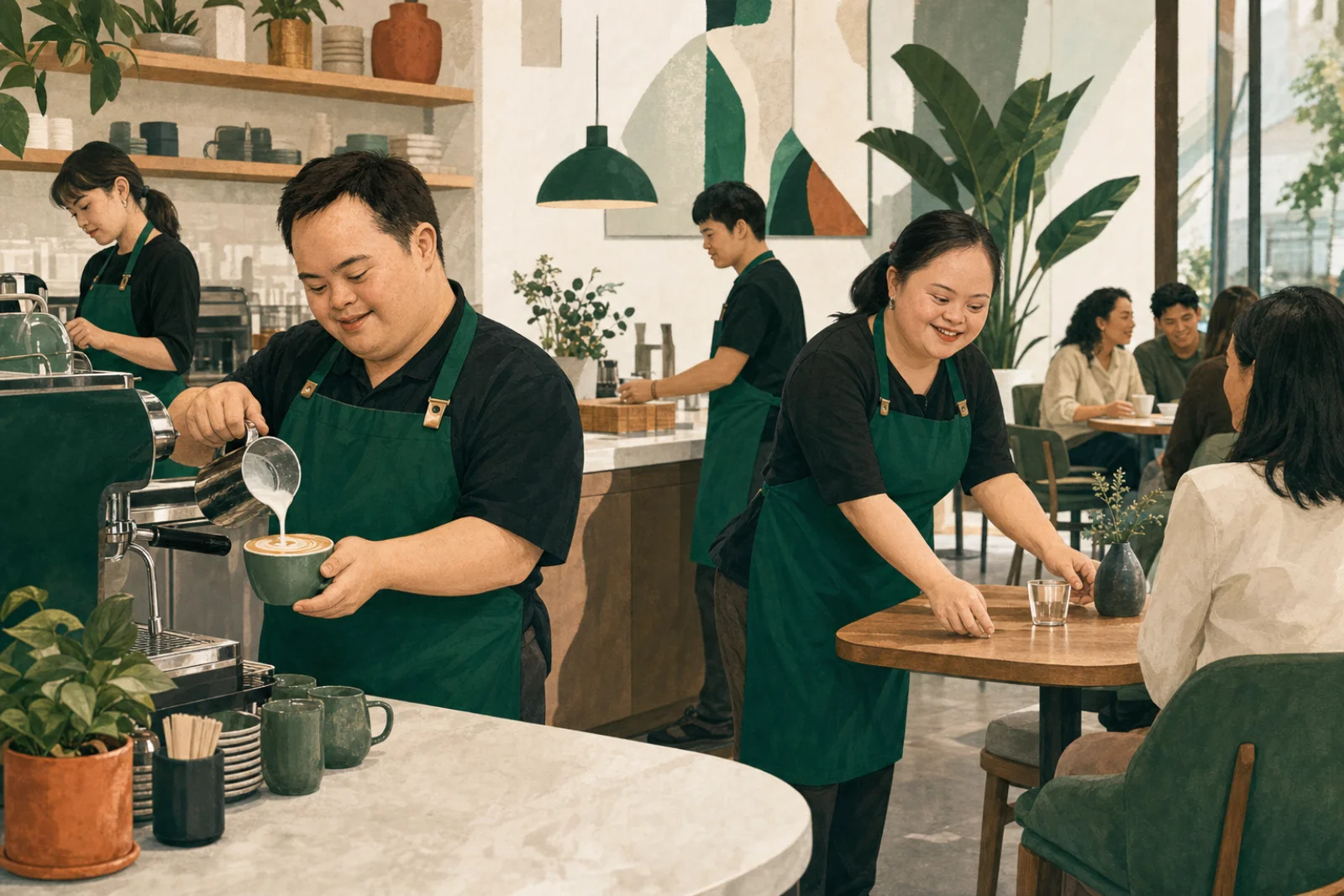 Adults with Down syndrome working professionally as Yeshua Cafe team members, preparing coffee and serving guests