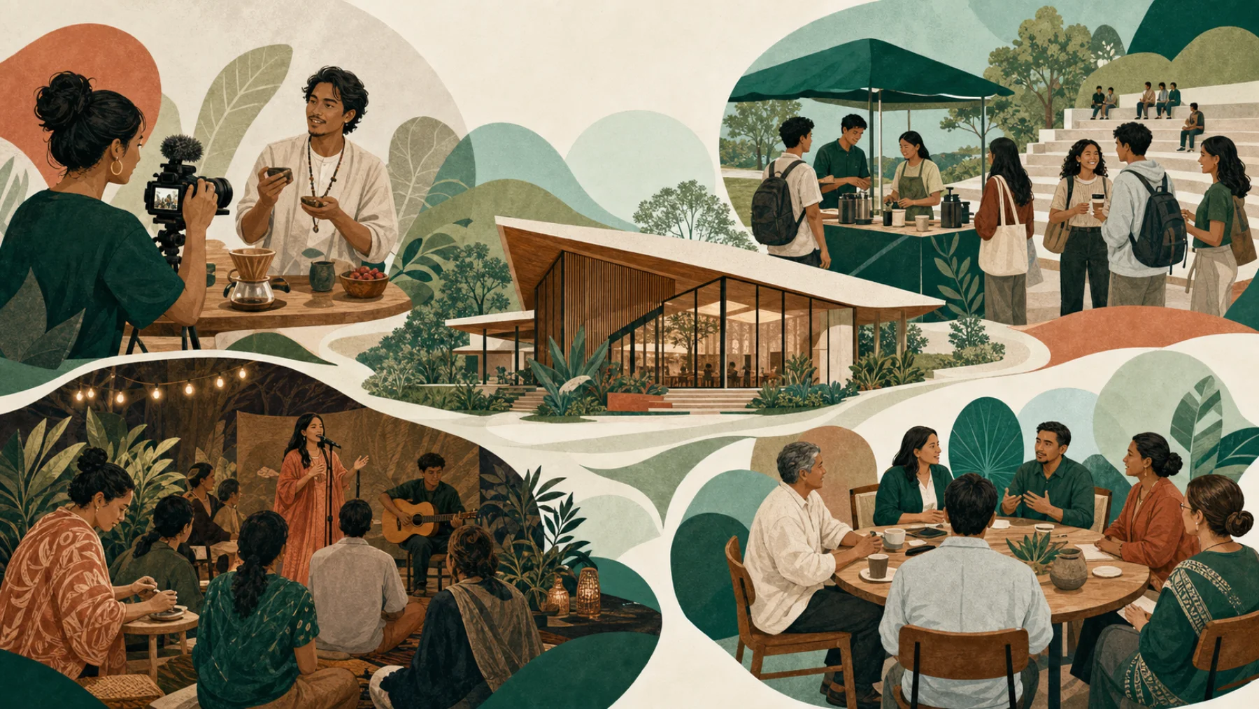 Yeshua Cafe marketing ecosystem connecting digital storytelling, campus activation, community events, and strategic partnership conversations