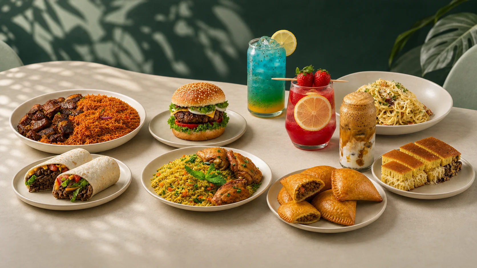 A Yeshua Cafe table spread featuring signature rice dishes, meat pies, shawarmas, burger, martabak, spaghetti, and signature beverages