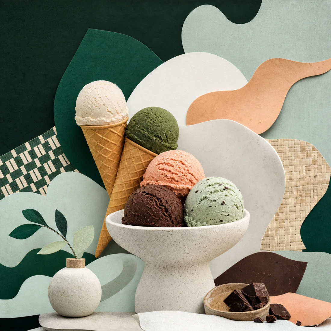 Editorial still life of sculptural ice cream and layered cultural patterns